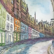 Victoria Street - Edinburgh in Covid times - watercolour and ink on A4 cartridge paper. Watercolor Painting project by Peter Lo - 03.31.2020